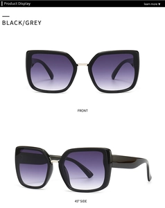 Front and 45-degree side views of square oversized sunglasses with gradient purple lenses