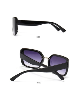 Side and back view of square oversized sunglasses with black frames and purple gradient lenses