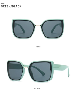 Front and 45-degree side views of square oversized green and black gradient sunglasses