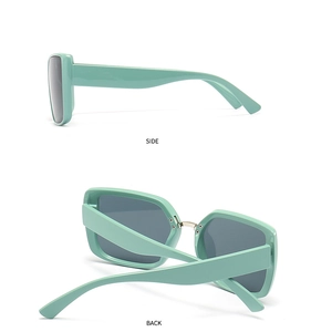 Side and back view of mint green square oversized sunglasses with dark grey lenses