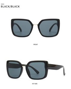 Front and side view of square oversized black sunglasses with sleek metal bridge