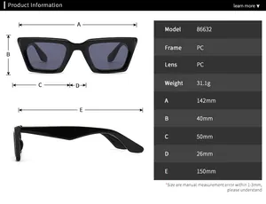 Tabla de tallas detallada de gafas de sol de ojo de gato 86632 con medidas y peso