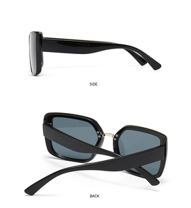 Detailed side and back views of large square black sunglasses with durable metal hinges