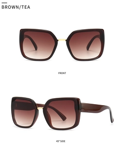 Front and side view of square oversized sunglasses with brown gradient lenses and gold trim