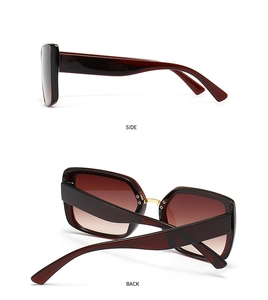 Side and back view of retro square oversized sunglasses with red frames and brown gradient lenses
