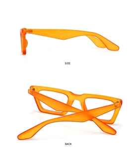 Detalle de gafas de sol naranjas traslúcidas mostrando el perfil lateral y la parte trasera