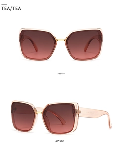 Front and side view of square oversized tea sunglasses with gold metal bridge