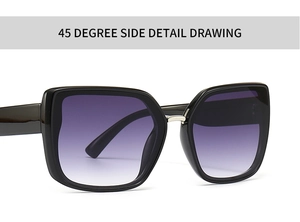 Detailed side view of large square sunglasses with black frame and purple gradient lenses