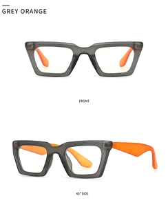 Vistas frontal y lateral de gafas de sol rectangulares grises con patillas naranjas