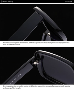 Detailed macro view of square black frame sunglasses with durable metal hinges and CE marks