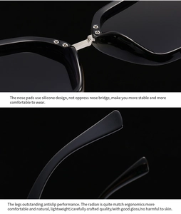 Detail of square sunglasses with silicone nose pads and ergonomic anti-slip temples