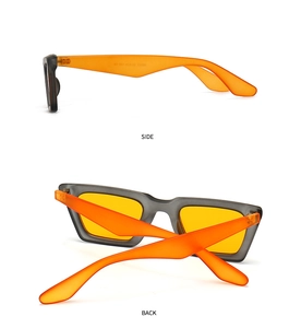 Vista doble de gafas de sol rectangulares en gris mate con lentes naranjas de perfil