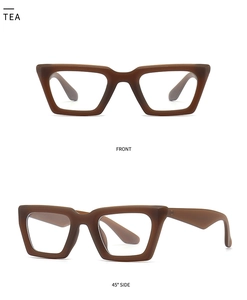 Vistas frontal y lateral de gafas de sol cat eye marrón oscuro con acabado mate