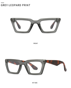 Vista detallada de gafas de sol cat-eye grises con patillas de carey frontales y laterales