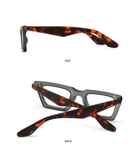 Vistas detalladas laterales y traseras de gafas cat-eye grises y carey elegantes
