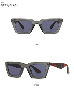 Primer plano de montura cat eye gris mate con patillas de carey desde varios ángulos