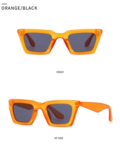 Vista frontal y lateral de gafas de sol ojo de gato naranja con montura retro ancha