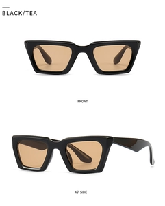 Vistas frontal y lateral de 45 grados de las gafas de sol rectangulares negras con lentes té