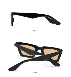 Detalles de vista lateral y trasera de gafas de sol rectangulares modernas con lentes marrones