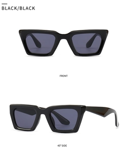 Vista frontal y lateral de gafas de sol cat-eye negras modernas con montura estrecha