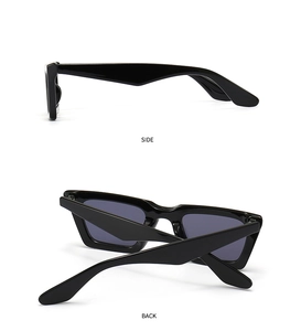 Vista lateral y trasera de las gafas de sol rectangulares negras con lentes polarizadas