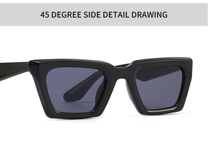 Primer plano de gafas de sol cat-eye negras que muestra detalles laterales a 45 grados