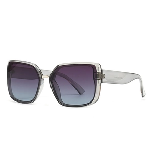 Modern square oversized sunglasses with grey frame and purple gradient lenses for women