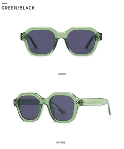 Vue détaillée de face et de côté de lunettes de soleil vertes à charnières rivetées