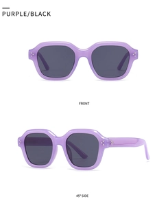 Vues de face et de côté de lunettes de soleil rectangulaires violettes à rivets
