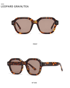 Vues de face et de profil de lunettes de soleil motif léopard avec verres teintés thé