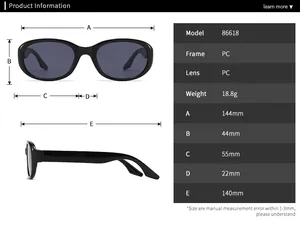 Detailed size chart for retro sunglasses showing frame dimensions and PC material specs