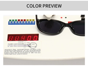 Technical detail of black sunglasses on a UV400 tester showing ultraviolet protection level