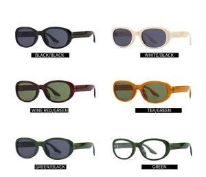 Detailed grid of six different color combinations for oval retro rock style sunglasses