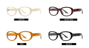 Comparison of retro oval sunglasses in white, wine red, tea, and black finishes