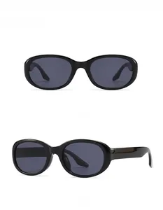 Front and side view of retro oval thick frame sunglasses with black lenses and wide temples