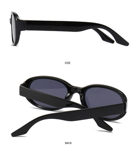 Side and back view of modern black thick frame sunglasses with dark grey oval lenses