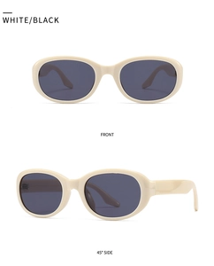 Detailed front and 45-degree side views of oval retro sunglasses in white and black