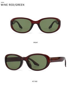 Detail view of oval sunglasses with wine red frames and dark green lenses from two angles