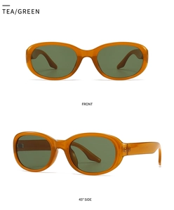 Retro oval tea-colored sunglasses with green lenses shown from front and side angles