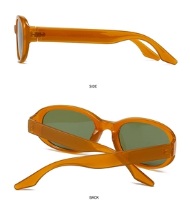 Detail view showing wide amber frame temples and hinges of the modern retro sunglasses