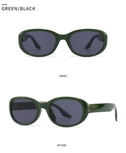 Retro oval sunglasses with dark green frames and grey lenses, front and side views