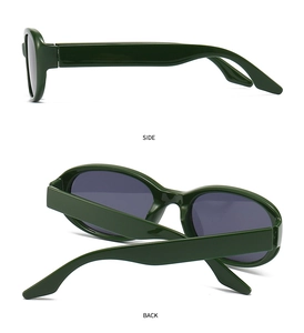 Side and back view of retro dark green oval sunglasses with wide temples on white background