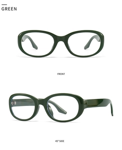 Detail view of retro green oval sunglasses from front and 45-degree side angles
