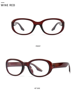 Front and 45-degree angle views of glossy wine red oval sunglasses for women