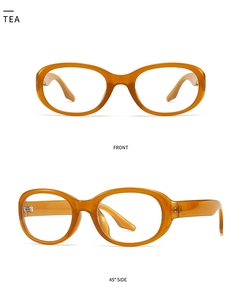 Front and 45-degree side views of retro oval amber tea sunglasses with thick frames