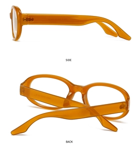 Side and back view of retro thick orange glasses frames with polished finish
