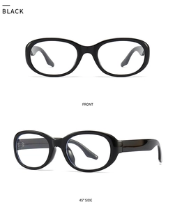 Close-up of black oval-frame glasses with wide temples from front and 45-degree angles