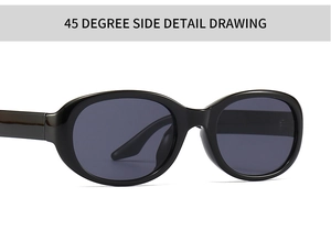 Detail view of black oval frame sunglasses with dark grey lenses at a 45-degree angle