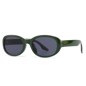 Retro oval dark green sunglasses with wide temples and dark gray lenses for women