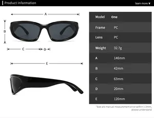 Tableau des tailles pour lunettes de soleil noires en PC avec dimensions du cadre